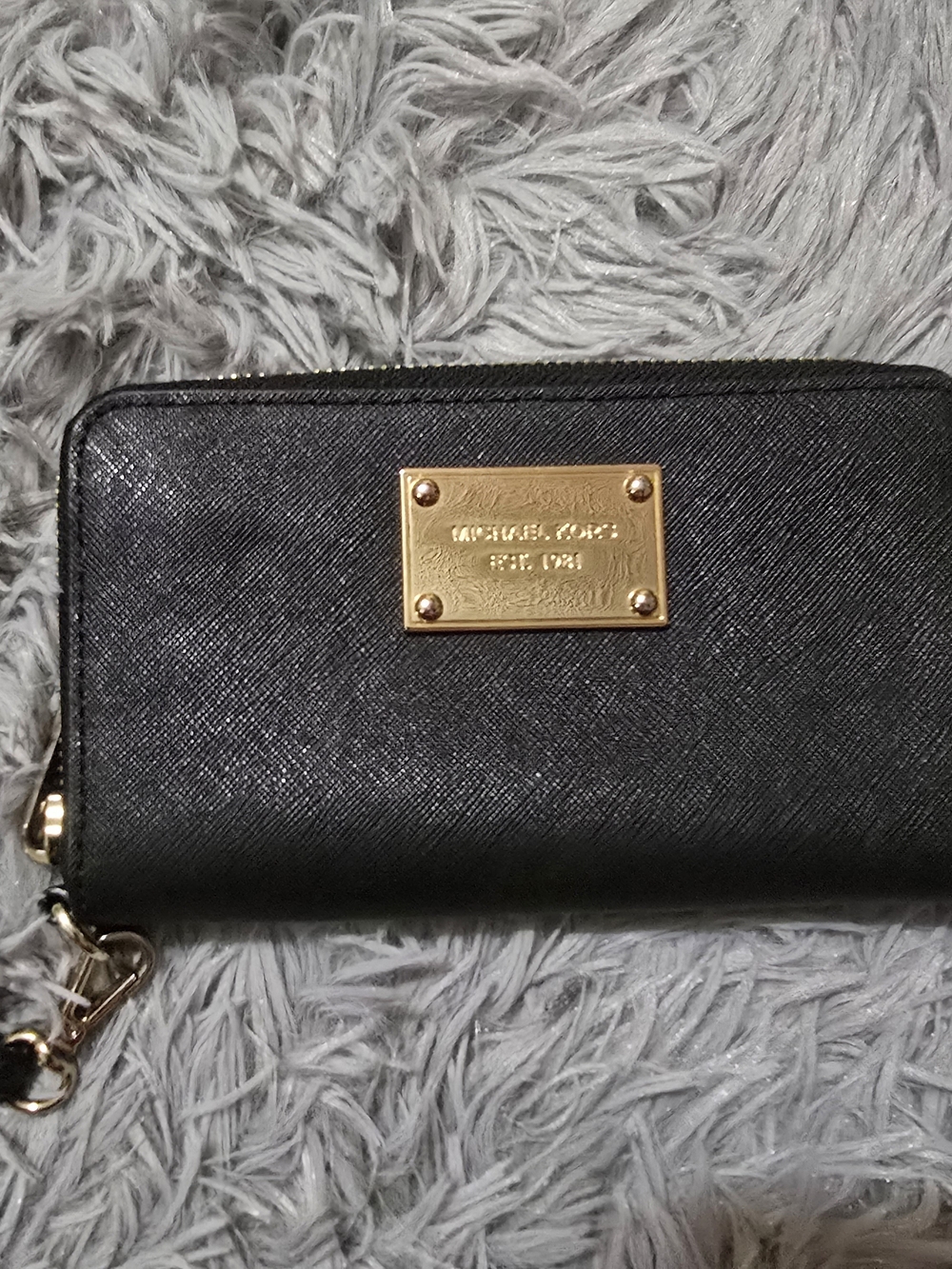 Michael Kors Black Saffiano Zip-Around Wallet with Gold Plaque